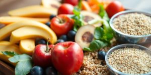 Healthy meal with fruits and vegetables on a table.