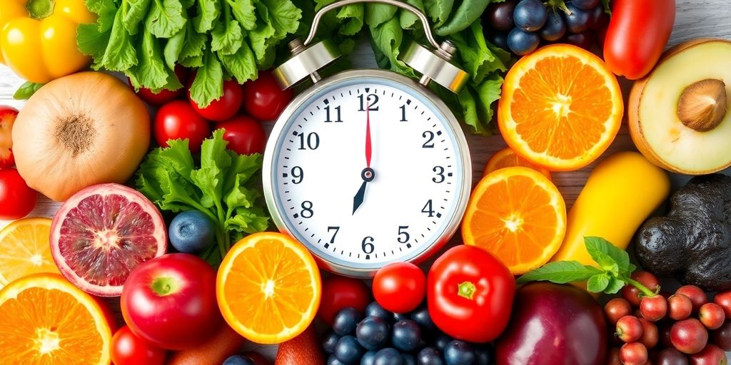 Colorful meal and clock illustrating intermittent fasting benefits.