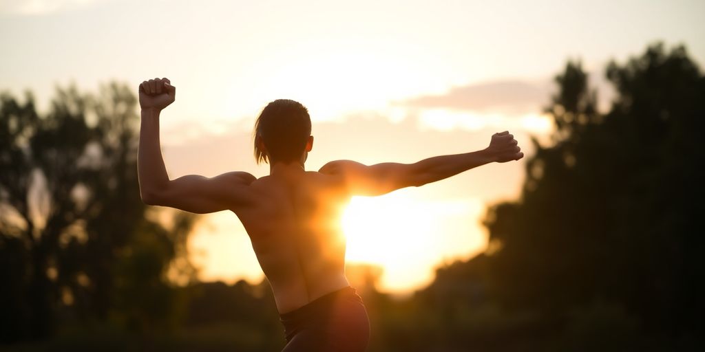 Person exercising outdoors during sunset for fitness.