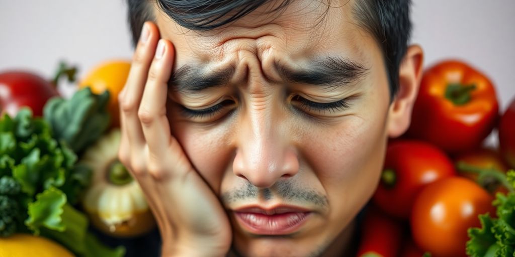 Stressed person near healthy food options, contrasting emotions.