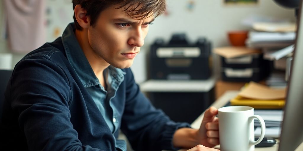 Stressed person at cluttered desk with coffee mug.