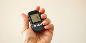 Close-up of a hand holding a glucose meter.