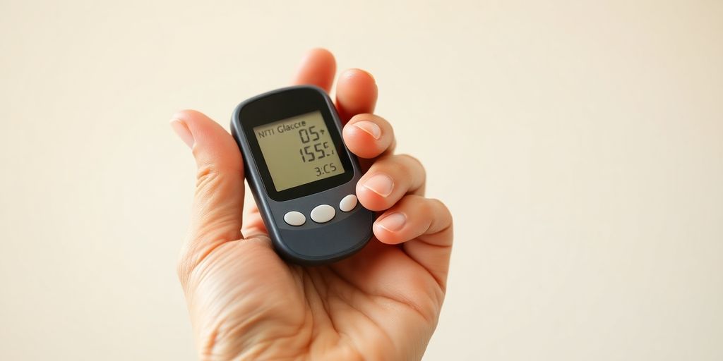 Close-up of a hand holding a glucose meter.