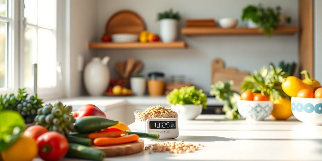 Healthy foods and a timer in a bright kitchen.