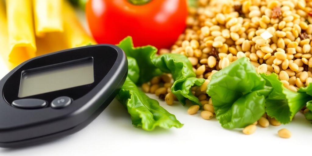 Blood glucose meter and healthy food for diabetes management.