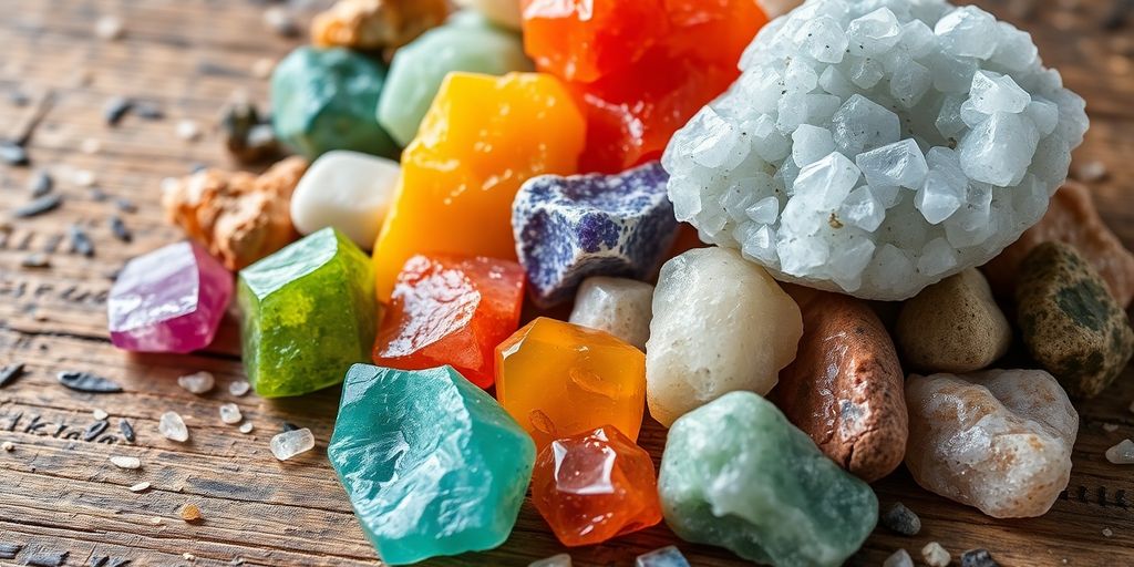 Colorful minerals on a wooden surface for diabetes health.