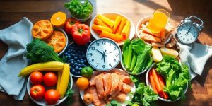 Colorful healthy food spread with a timer.