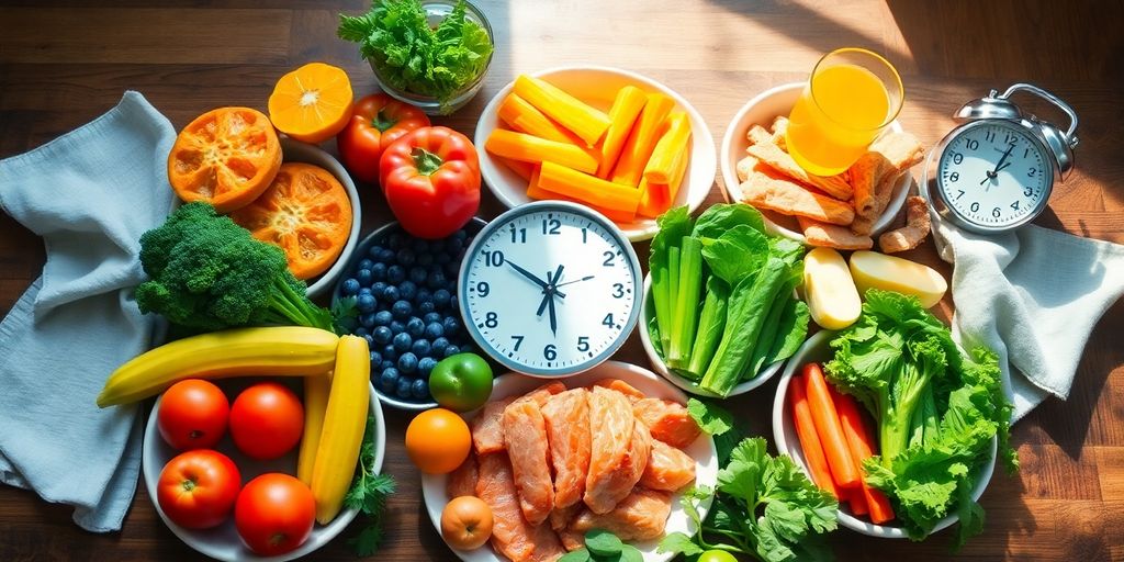 Colorful healthy food spread with a timer.