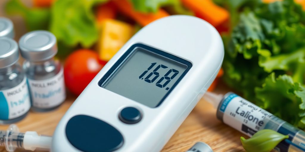 Blood glucose meter with diabetic supplies on a table.