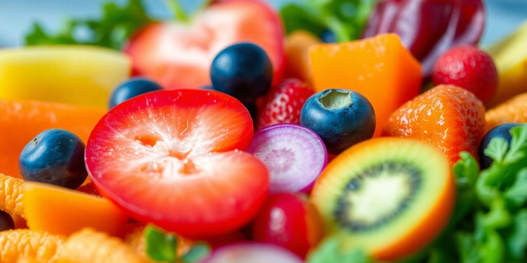 Colorful fruits and vegetables on a wooden table.