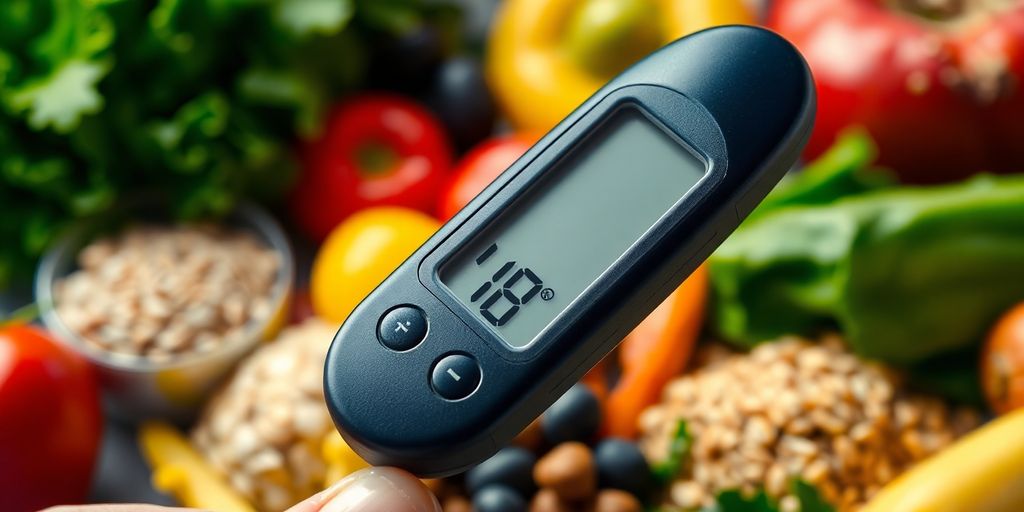 Blood glucose meter with healthy foods in background.