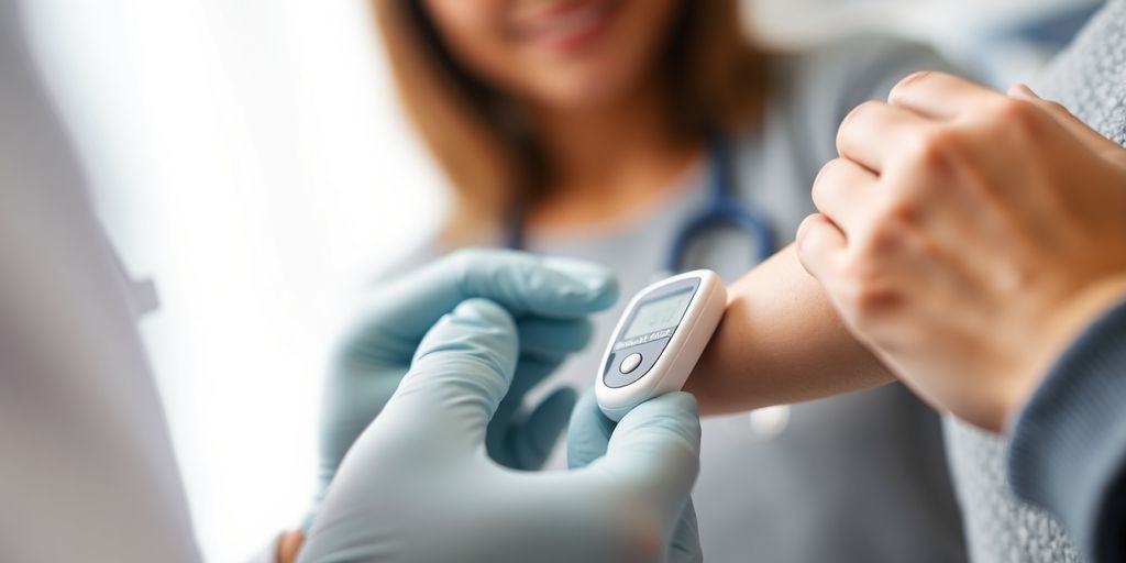 Medical professional testing blood glucose with a glucometer.