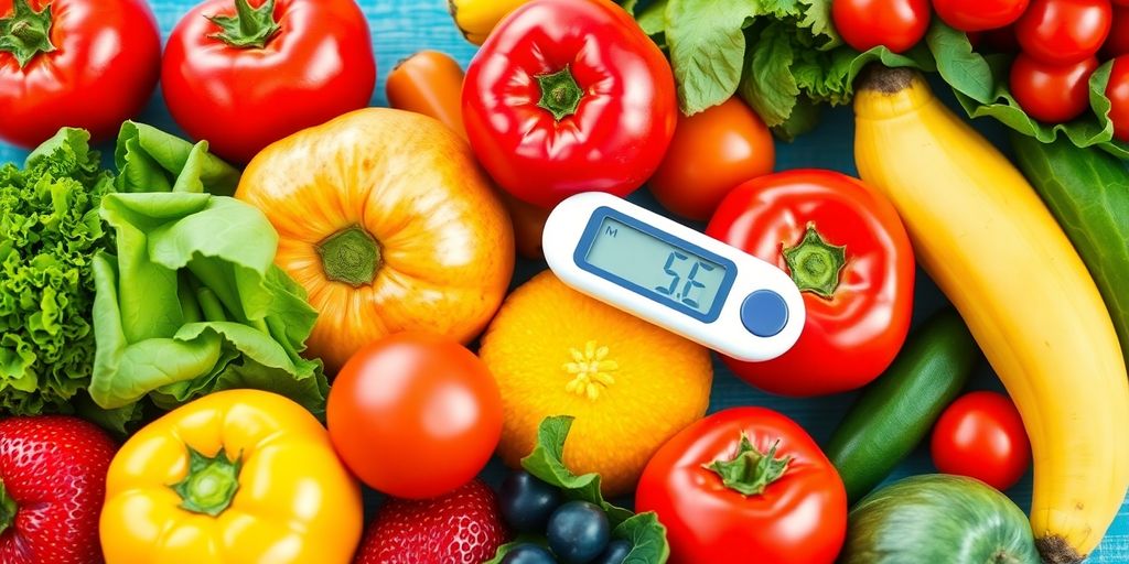 Fresh fruits and vegetables with a glucose meter.