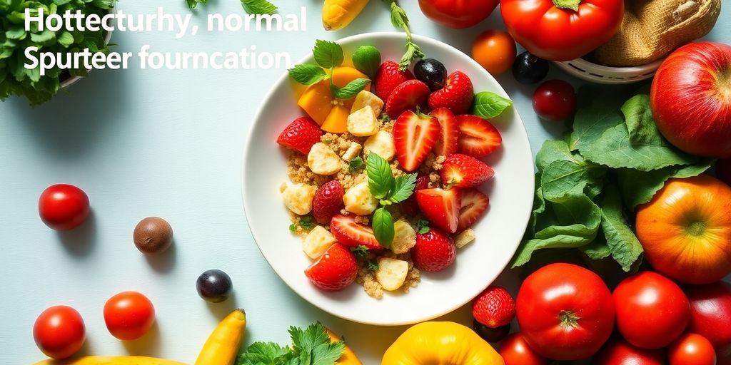 Plate of healthy food with fruits and vegetables.