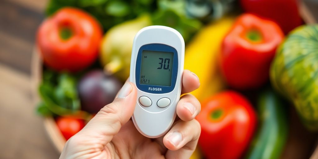 Hand with glucose meter and healthy food in background.