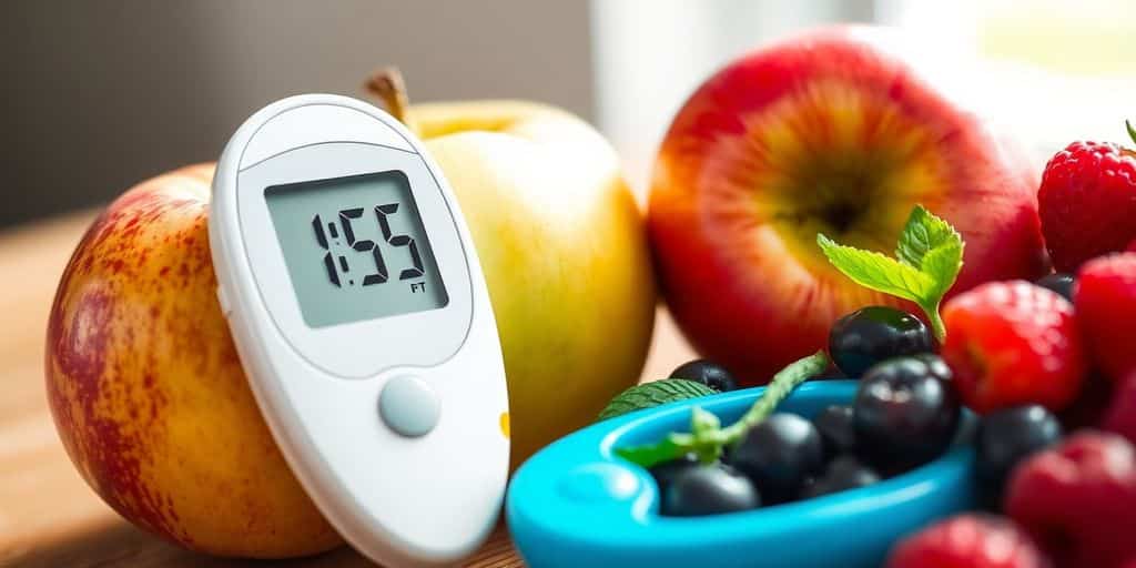 Blood glucose meter with fresh fruits on a wooden table.