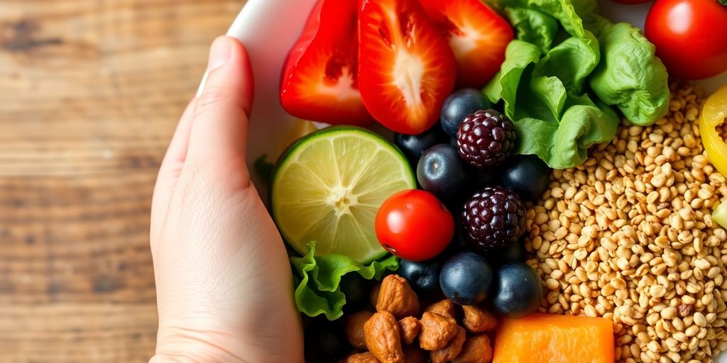 Close-up image of a healthy meal with fruits and vegetables.