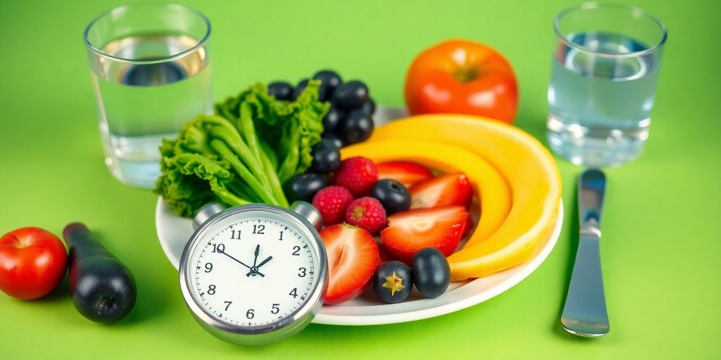Healthy food and clock for intermittent fasting concept.