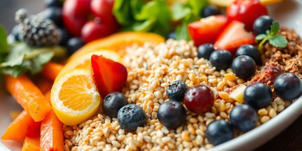 Colorful healthy meal with fruits and vegetables on a plate.