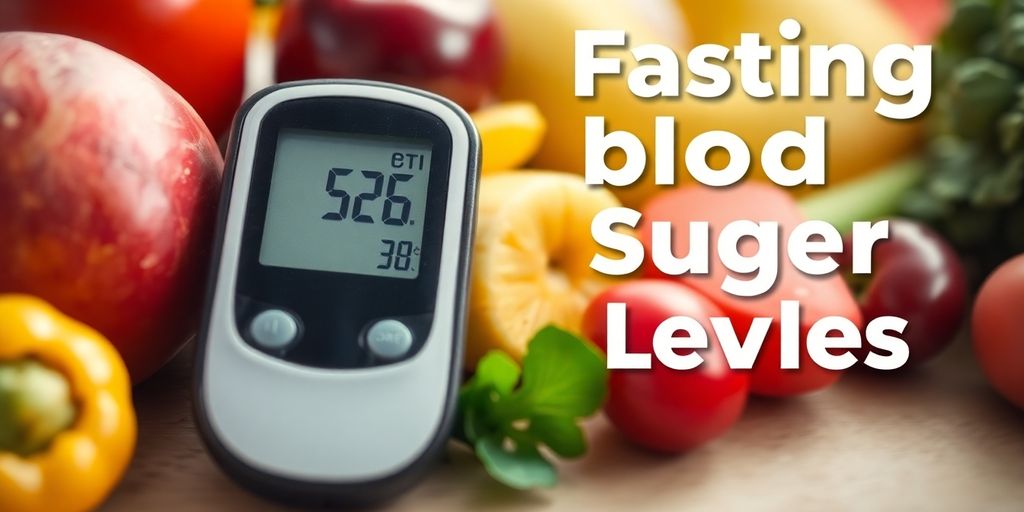 Blood glucose meter with healthy foods on a table.