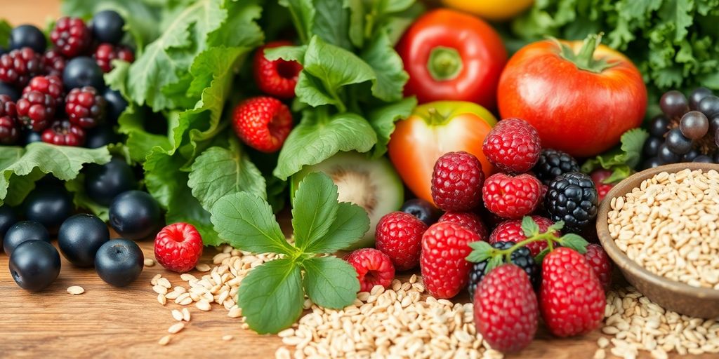 Fresh fruits and vegetables on a wooden table.