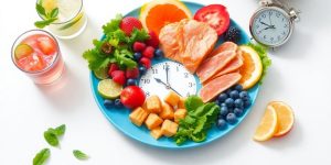 Healthy meals and a clock illustrating intermittent fasting.