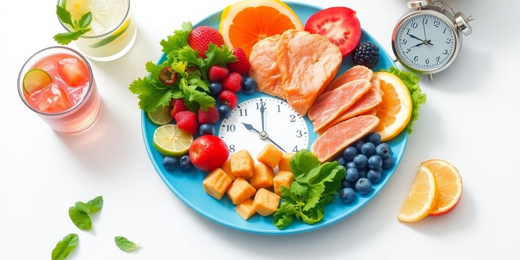 Healthy meals and a clock illustrating intermittent fasting.