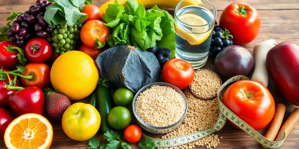 Fresh fruits and vegetables promoting healthy blood sugar.