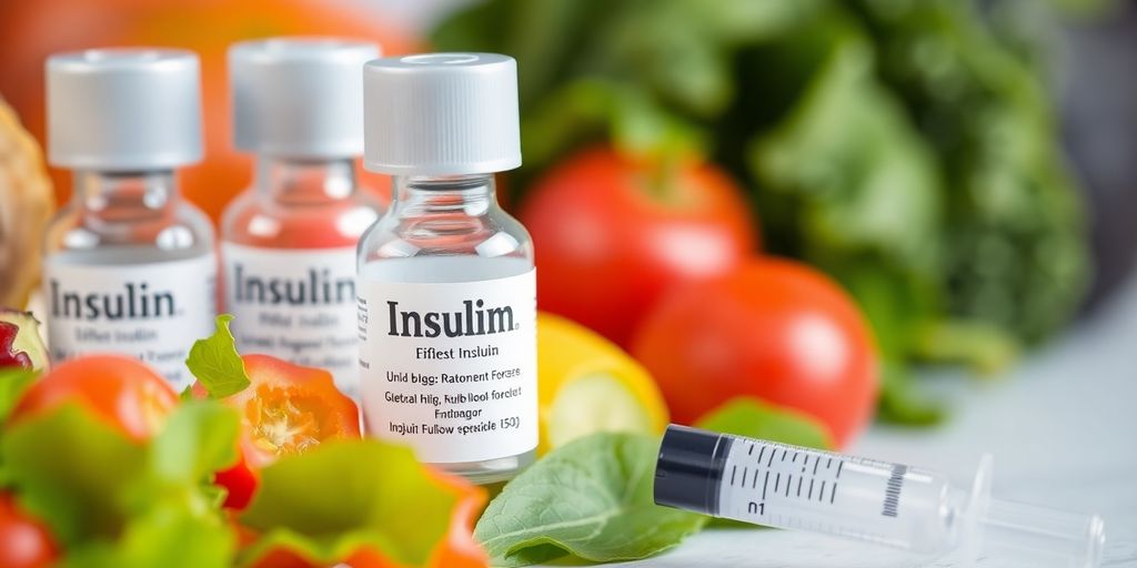 Insulin vials and syringe with healthy food background.